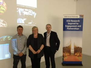 Professor Clive Barstow (Head of School of Communications and Arts ECU) , Artist Eleanor Gates-Stuart and Dr Darren Gibson (eResearch Manager ECU)