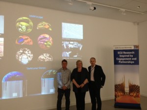 Professor Clive Barstow (Head of School of Communications and Arts ECU) , Artist Eleanor Gates-Stuart and Dr Darren Gibson (eResearch Manager ECU)