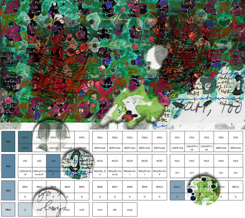 FingerCode series, FC02 shown with its grid documentation ..inner workings by Eleanor Gates-Stuart