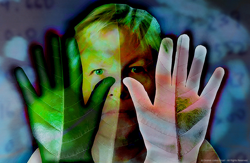 Digital artwork combining a human face and hands with patterned botanical imagery, exploring camouflage and human-plant identity.