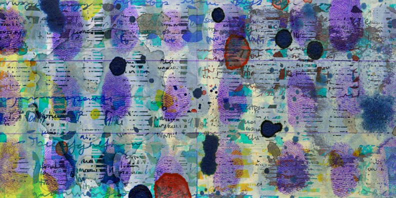 Abstract digital artwork composed of layered numbers, codes, coloured marks and translucent patterns.