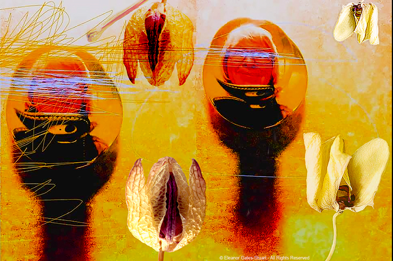 Bright yellow and orange digital composition combining orchid forms, translucent structures and an emerging central figure.