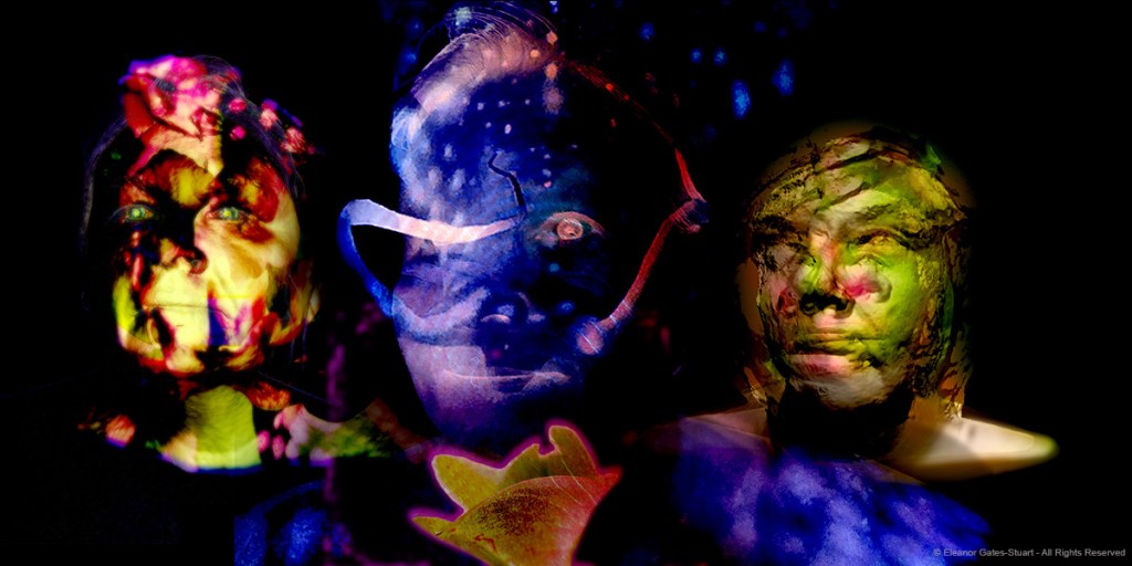 Blue and violet digital composition combining a central human figure with orchid forms and layered biological imagery.