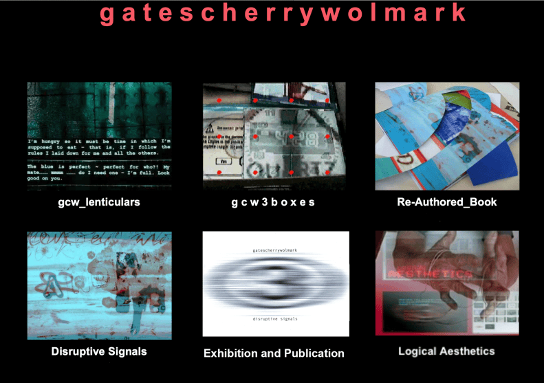 Grid of six experimental artworks combining digital imagery, text, publication design and collaborative visual investigations.