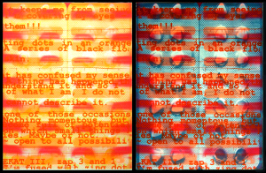 Two sided artwork, plsscriptcaps and plsscriptorangeb. Matisse Derrian water based ink printed on Magnani Pescia 100% cotton paper. 56 cm x 76 cm. Part of the documentary silkscreen print series, arcv.pls.txt.scrb.spc.spt.vs.eleanor.gates-stuart, were produced by Eleanor Gates-Stuart in 2004, through the Printmaker in Residency Program at Megalo Print Workshop, Canberra, Australia. ©  2004 Eleanor Gates-Stuart Note: This work documents research by gatescherrywolmark with permission of the original members of the partnership: Eleanor Gates-Stuart, Jean Cherry and Jenny Wolmark. ISBN 0 7315 3039 X