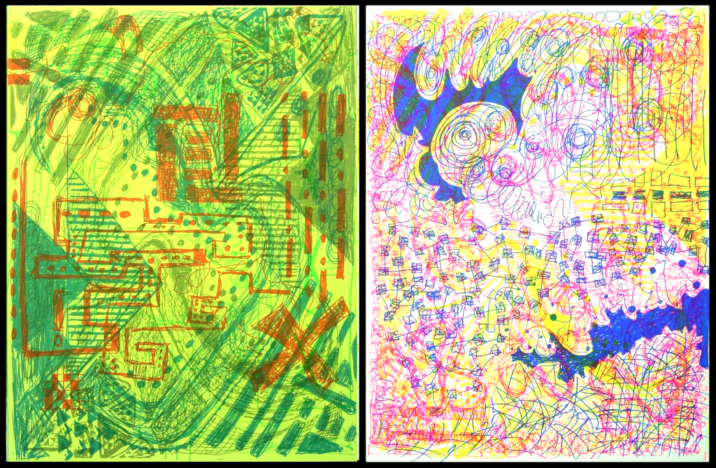 Two sided artwork, scrbelblocks and scbyellpnk. Matisse Derrian water based ink printed on Magnani Pescia 100% cotton paper. 56 cm x 76 cm. Part of the documentary silkscreen print series, arcv.pls.txt.scrb.spc.spt.vs.eleanor.gates-stuart, were produced by Eleanor Gates-Stuart in 2004, through the Printmaker in Residency Program at Megalo Print Workshop, Canberra, Australia. ©  2004 Eleanor Gates-Stuart Note: This work documents research by gatescherrywolmark with permission of the original members of the partnership: Eleanor Gates-Stuart, Jean Cherry and Jenny Wolmark. ISBN 0 7315 3039 X