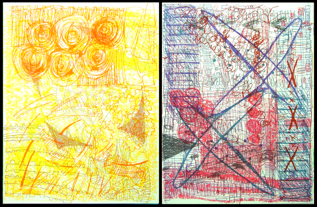 Two sided artwork, scrborangespiral and scrbpurple. Matisse Derrian water based ink printed on Magnani Pescia 100% cotton paper. 56 cm x 76 cm. Part of the documentary silkscreen print series, arcv.pls.txt.scrb.spc.spt.vs.eleanor.gates-stuart, were produced by Eleanor Gates-Stuart in 2004, through the Printmaker in Residency Program at Megalo Print Workshop, Canberra, Australia. ©  2004 Eleanor Gates-Stuart Note: This work documents research by gatescherrywolmark with permission of the original members of the partnership: Eleanor Gates-Stuart, Jean Cherry and Jenny Wolmark. ISBN 0 7315 3039 X