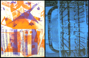 Two sided artwork, spcorangestage and spcrscriptblue. Matisse Derrian water based ink printed on Magnani Pescia 100% cotton paper. 56 cm x 76 cm. Part of the documentary silkscreen print series, arcv.pls.txt.scrb.spc.spt.vs.eleanor.gates-stuart, were produced by Eleanor Gates-Stuart in 2004, through the Printmaker in Residency Program at Megalo Print Workshop, Canberra, Australia. © 2004 Eleanor Gates-Stuart Note: This work documents research by gatescherrywolmark with permission of the original members of the partnership: Eleanor Gates-Stuart, Jean Cherry and Jenny Wolmark. ISBN 0 7315 3039 X
