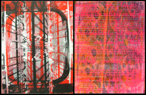 Two sided artwork, spcrbars and txtbobbin. Matisse Derrian water based ink printed on Magnani Pescia 100% cotton paper. 56 cm x 76 cm. Part of the documentary silkscreen print series, arcv.pls.txt.scrb.spc.spt.vs.eleanor.gates-stuart, were produced by Eleanor Gates-Stuart in 2004, through the Printmaker in Residency Program at Megalo Print Workshop, Canberra, Australia. ©  2004 Eleanor Gates-Stuart Note: This work documents research by gatescherrywolmark with permission of the original members of the partnership: Eleanor Gates-Stuart, Jean Cherry and Jenny Wolmark. ISBN 0 7315 3039 X