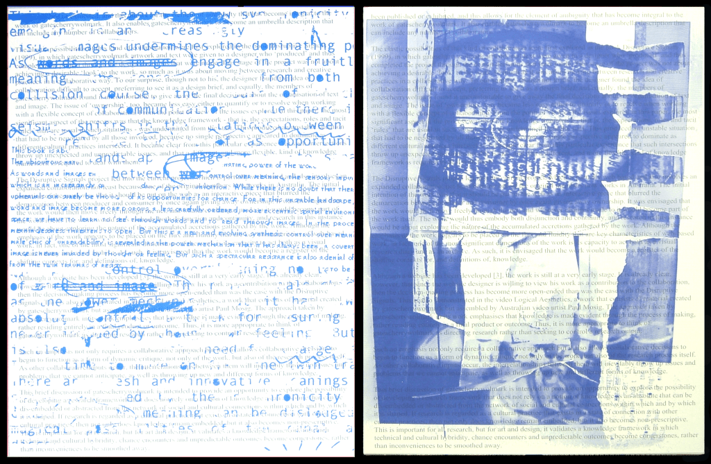 Two sided artwork, txtcorrn and spcblue. Matisse Derrian water based ink printed on Magnani Pescia 100% cotton paper. 56 cm x 76 cm. Part of the documentary silkscreen print series, arcv.pls.txt.scrb.spc.spt.vs.eleanor.gates-stuart, were produced by Eleanor Gates-Stuart in 2004, through the Printmaker in Residency Program at Megalo Print Workshop, Canberra, Australia. ©  2004 Eleanor Gates-Stuart Note: This work documents research by gatescherrywolmark with permission of the original members of the partnership: Eleanor Gates-Stuart, Jean Cherry and Jenny Wolmark. ISBN 0 7315 3039 X