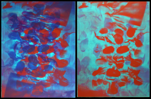 Two sided artwork, vsblueredblob and vsredblob. Matisse Derrian water based ink printed on Magnani Pescia 100% cotton paper. 56 cm x 76 cm. Part of the documentary silkscreen print series, arcv.pls.txt.scrb.spc.spt.vs.eleanor.gates-stuart, were produced by Eleanor Gates-Stuart in 2004, through the Printmaker in Residency Program at Megalo Print Workshop, Canberra, Australia. ©  2004 Eleanor Gates-Stuart Note: This work documents research by gatescherrywolmark with permission of the original members of the partnership: Eleanor Gates-Stuart, Jean Cherry and Jenny Wolmark. ISBN 0 7315 3039 X