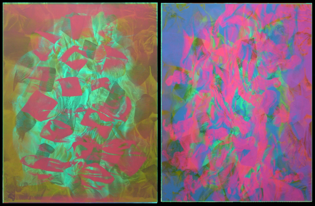 Two sided artwork, vsgreenred and vsppcrimp. Matisse Derrian water based ink printed on Magnani Pescia 100% cotton paper. 56 cm x 76 cm. Part of the documentary silkscreen print series, arcv.pls.txt.scrb.spc.spt.vs.eleanor.gates-stuart, were produced by Eleanor Gates-Stuart in 2004, through the Printmaker in Residency Program at Megalo Print Workshop, Canberra, Australia. ©  2004 Eleanor Gates-Stuart Note: This work documents research by gatescherrywolmark with permission of the original members of the partnership: Eleanor Gates-Stuart, Jean Cherry and Jenny Wolmark. ISBN 0 7315 3039 X